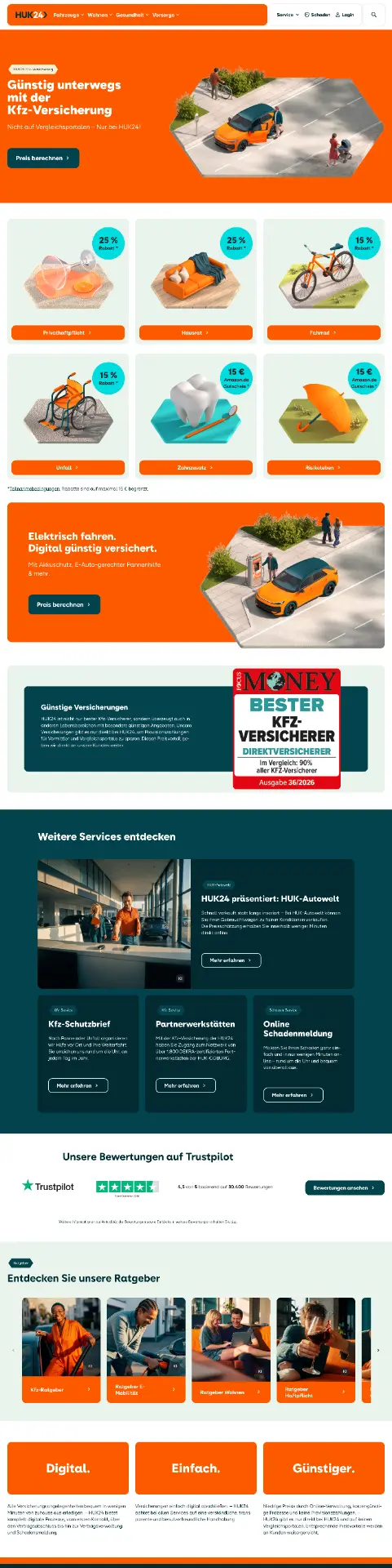 HUK24 Startseite am 21. September 2026 nach dem Redesign