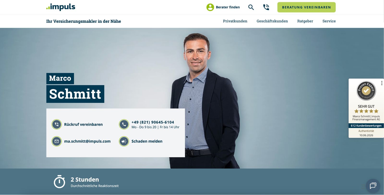 Berater-Profilseite auf impuls-finanzmanagement.de mit Kontaktoptionen und Bewertungen