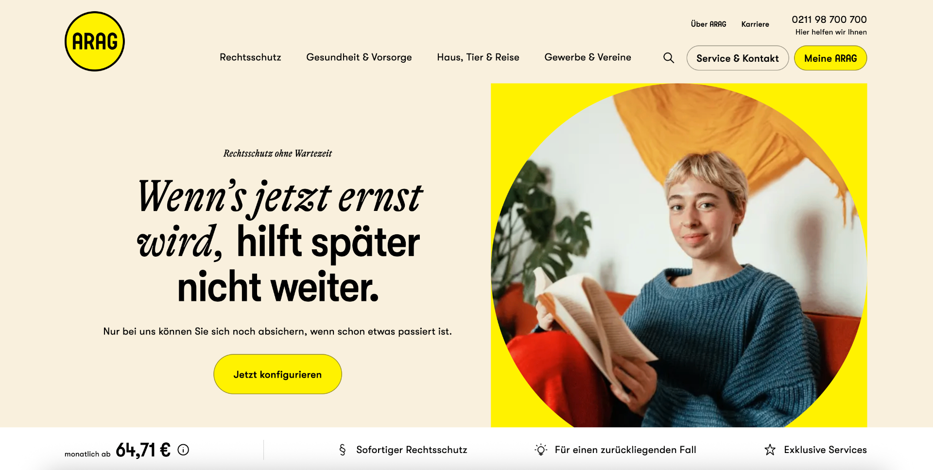 ARAG Rechtsschutz ohne Wartezeit - Landingpage