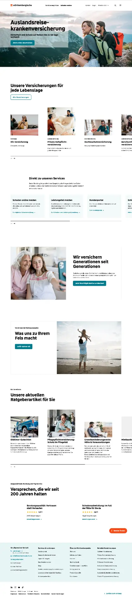 Württembergische Startseite am 7. September 2026 mit Reisekrankenversicherung im Hero