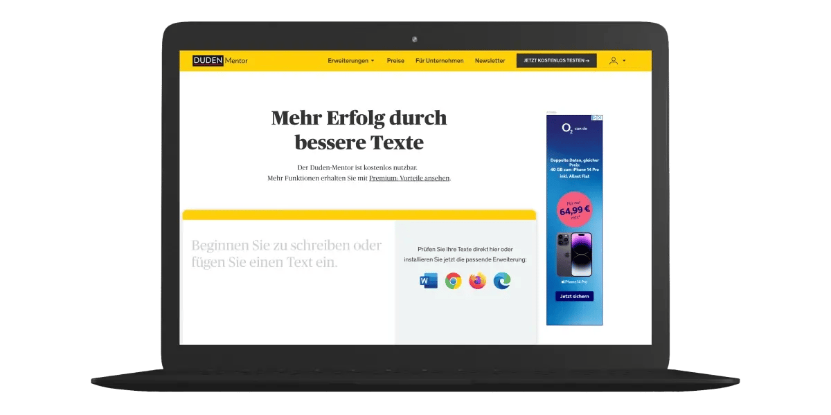 Startseite von Duden Mentor mit dem Slogan Mehr Erfolg durch bessere Texte Startseite von Duden Mentor mit dem Slogan Mehr Erfolg durch bessere Texte