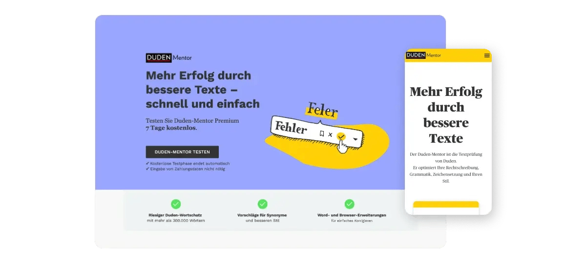Inhaltsseite von Duden Mentor in Desktop und mobiler Auslösung Inhaltsseite von Duden Mentor in Desktop und mobiler Auslösung