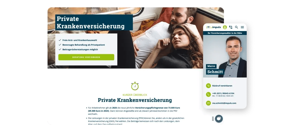 Eine Versicherungs- und eine Beraterseite in mobiler und Desktop-Ansicht Eine Versicherungs- und eine Beraterseite in mobiler und Desktop-Ansicht