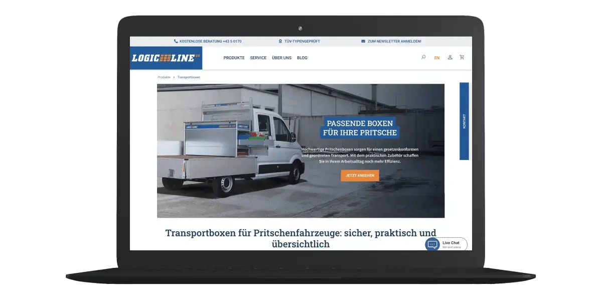 Startseite der LogicLine Webseite mit großem Bild eines Pritschenfahrzeugs Startseite der LogicLine Webseite mit großem Bild eines Pritschenfahrzeugs